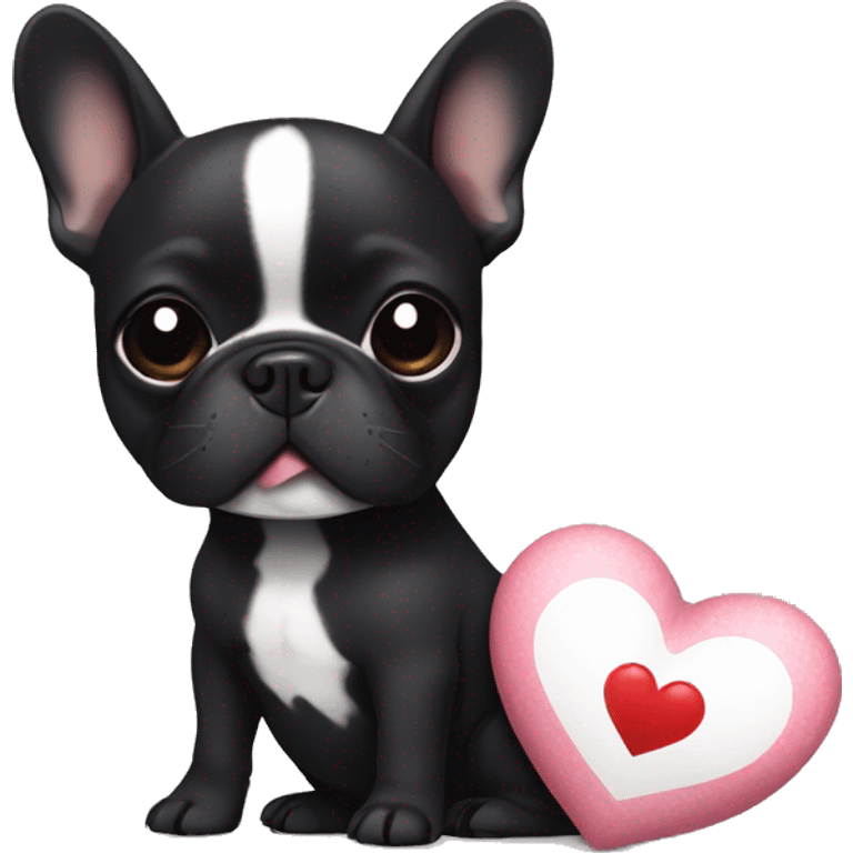 Black french bulldog with a tiny white mark on chest. Holding a heart pillow  emoji