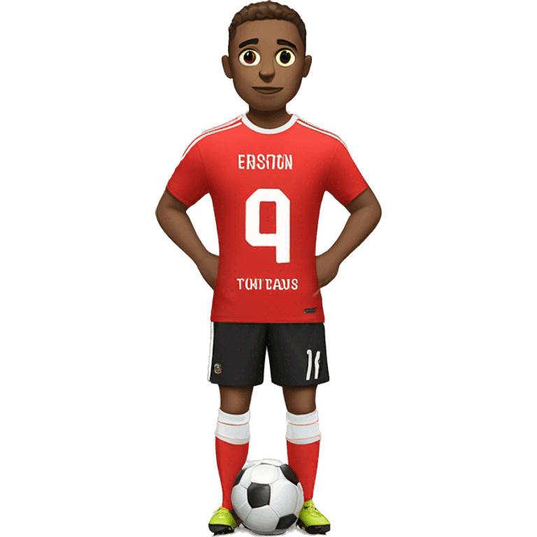 Soccer Player in a Dressing room trying his New Jersey in red on  emoji