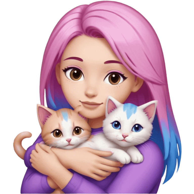 beautiful woman with pink straight hair with purple & blue tips and brown eyes hugs a kitten emoji