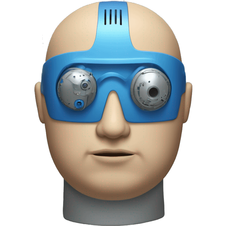 Fat bald cyborg head with tan skin, blue beard, blue goggles and circuits emoji