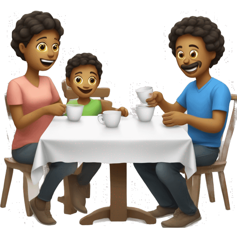 An emoji of a family—mother, father, and child—sitting at a table, playing a cup game with paper cups arranged on the table as they have fun together emoji