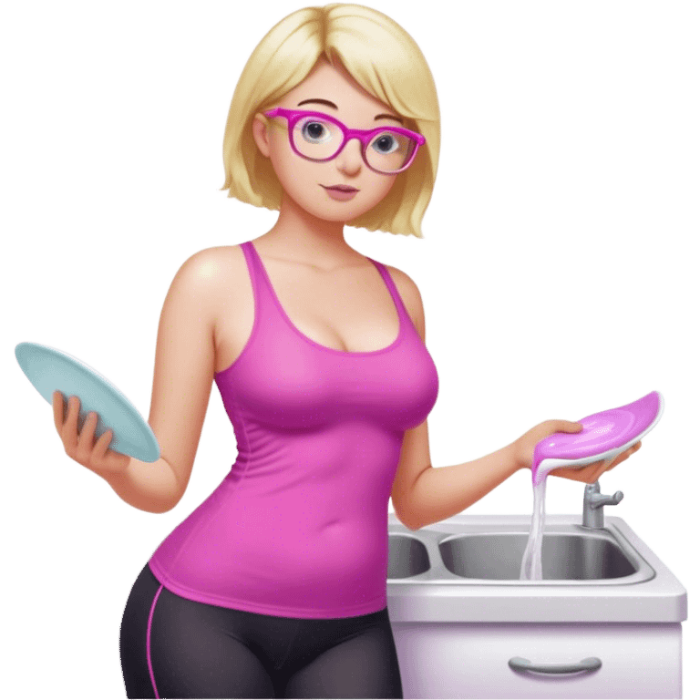 Curvy fair skinned woman, freckled skin, short blond hair, small light purple reading glasses, washing dishes, short flowing sheer hot pink tank top, without undergarments SFW, black yoga pants, thick booty emoji