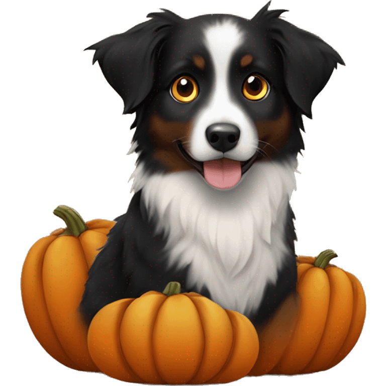 Small black australian shepherd dog in a pumpkin emoji