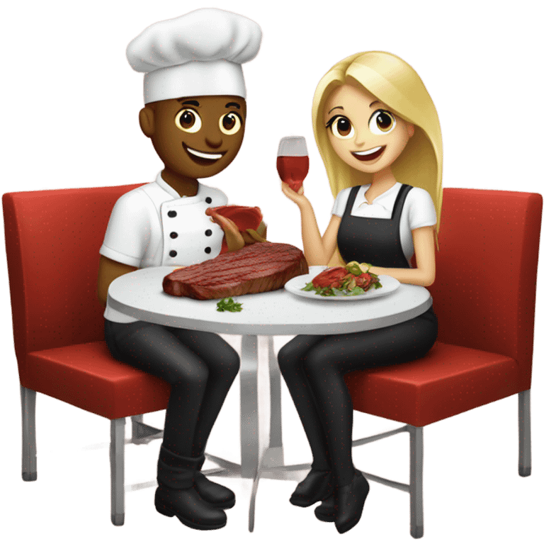 20 year old Blonde couple eating steak girl with long hair in chef outfit  emoji