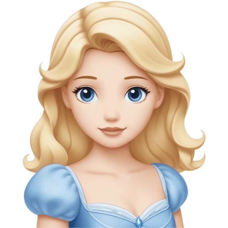 Cinematic Serene Cinderella Portrait Emoji, rendered in a realistic, vector-style with minimal shading. Depict a gentle Cinderella (chest and above) with porcelain skin, smooth blonde hair falling in soft waves, and calm, inviting eyes. Dressed in her modest daytime dress, she exudes quiet grace and pure enchantment, highlighted by a soft glowing outline. emoji