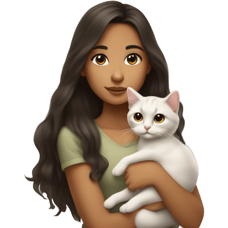 Eurasian girl with dark brown hair neutral tan olive skin long brown hair and brown eyes holding a kitten emoji