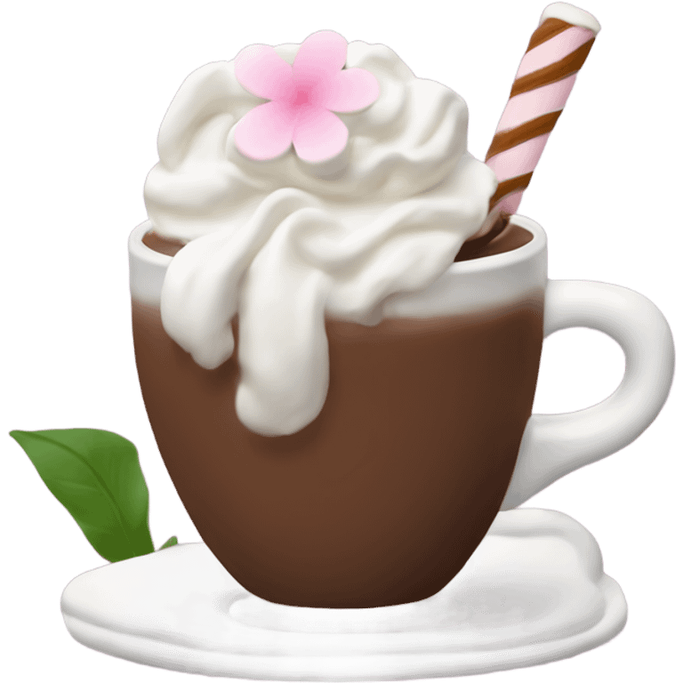 Hot chocolate with pale pink flower and whipped cream emoji