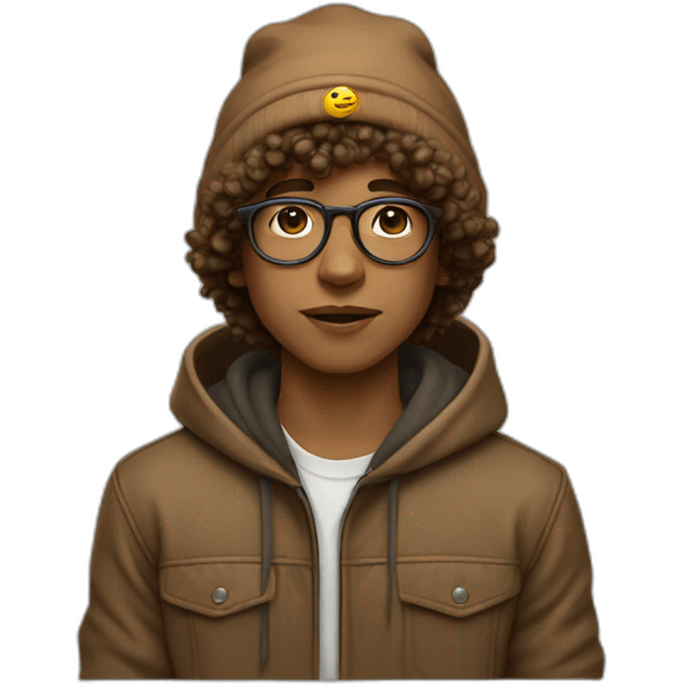 boy, browun obey beanie, round glasses, dark-blonde curly hair, light-brown hoodie emoji