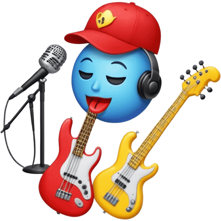 Create a vibrant and creative emoji that represents beatboxing. The design should feature a microphone with a cap placed on top, with oversized lips peeking out from under the cap. From the lips, bass clefs should be flying out, along with a variety of musical instruments (like a drum, electric guitar, and piano keys) to symbolize the blend of rhythm and creativity in beatboxing. Use bold, energetic colors like neon red, yellow, and blue to capture the lively and street-savvy essence of beatboxing. The background should be transparent. emoji