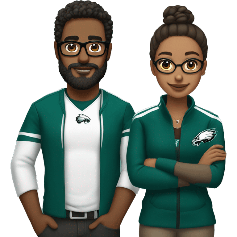 Brown guy with beard mustache and brown girl with glasses and her hair in a bun in Philadelphia eagles clothes holding hands emoji