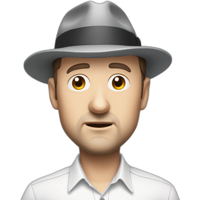 tim robinson wearing a grey fedora white shirt only looking scared and sad facing left emoji