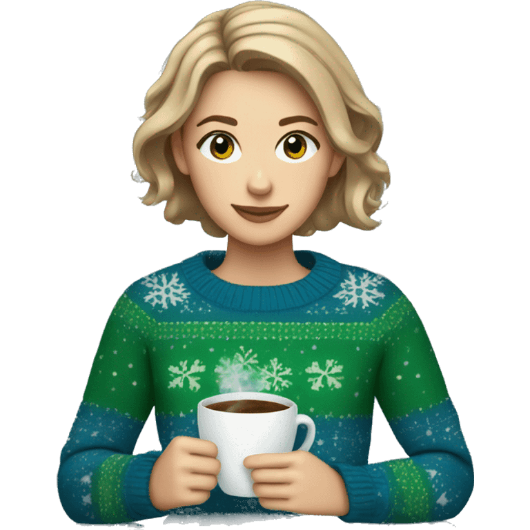 Light brown short haired girl with green eyes drinking coffee wearing blue Christmas sweater emoji