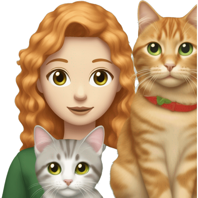 girl, pale, green eyed,with long strawberry blonde-ginger hair (mix of that two hair colours as one) holding a  grey tabby cat, with spot of white fur in shape of a collar and also green eyed emoji