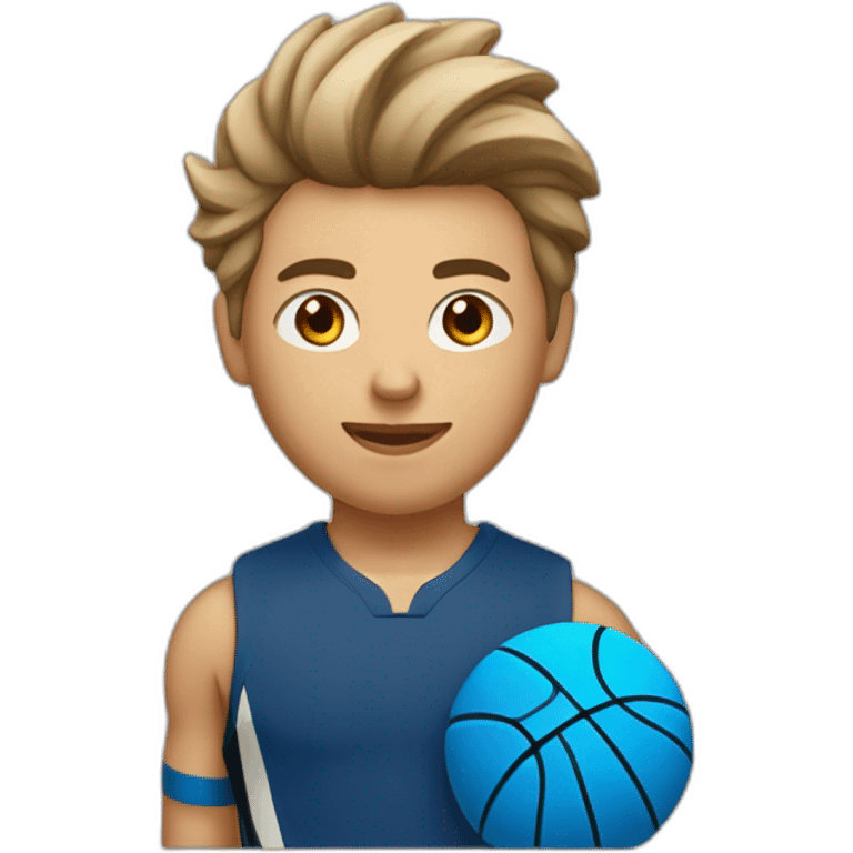 Un adolescent beige avec les cheveux brun qui joue au basket avec un maillot bleu avec écrit 14 dessus dans le style de IOS emoji