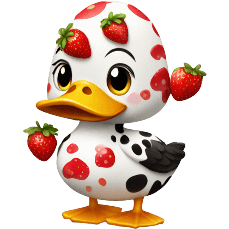 a duck dressed up as a strawberry cow emoji