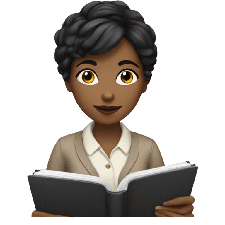 white woman with short black hair writing  a notebook emoji