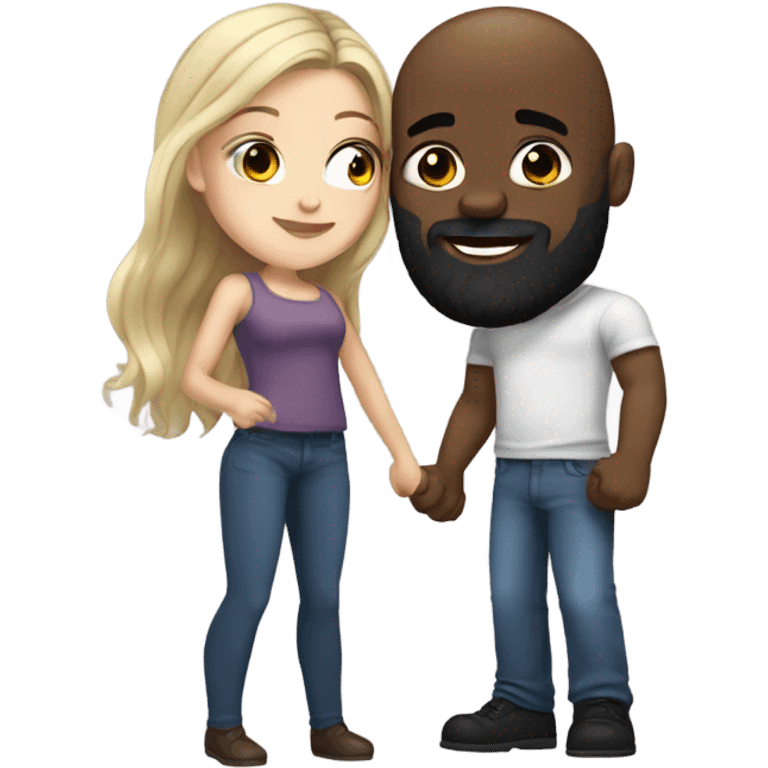 White girl dark hair kissing muscular black bald man with beard emoji