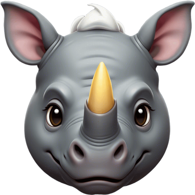 Cinematic Comical Rhinoceros Portrait Emoji, Head tilted dramatically with an exaggeratedly amused expression, featuring a striking, glossy slate-gray hide with a boldly textured white horn, wide, expressive eyes filled with playful disbelief, Simplified yet hilariously expressive features, highly detailed, glowing with a slightly sassy glow, high shine, dramatic yet playful, stylized with an air of cheeky wild mischief, bright and endearing, soft glowing outline, capturing the essence of a spirited and over-the-top rhinoceros, so meme-worthy it feels like it could charge its way into internet fame instantly! emoji