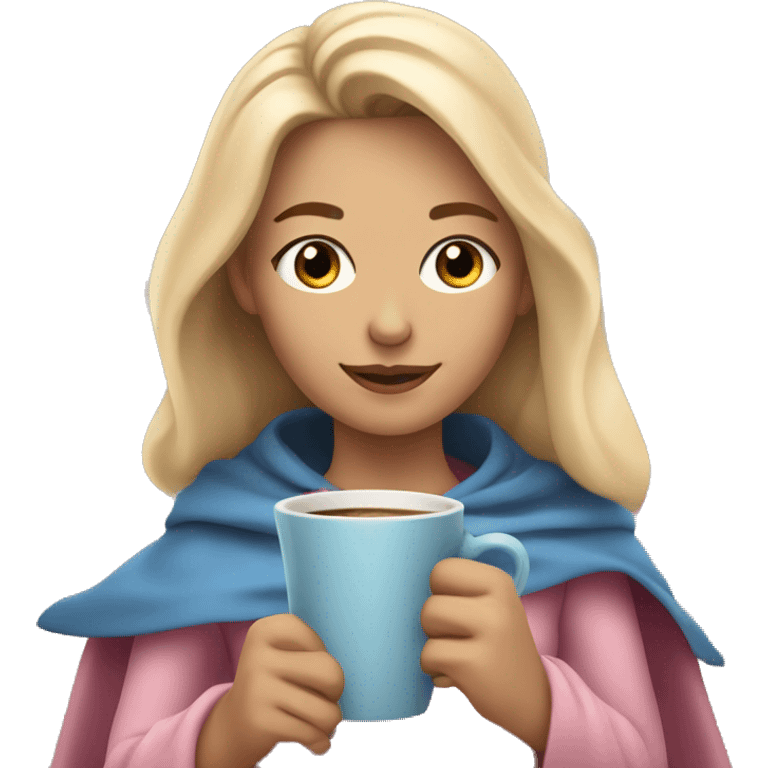 Blonde girl with loose hair and a soft pink and blue cape on her shoulders with a cup of coffee in her hands emoji