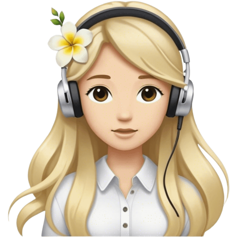 im a streamer, i need a emoji of me, brunette long hair with a blonde balayage, i wear white earpods with mic and a hawaian white and yellow center flower in the right on top of the earphone and is like smal  emoji