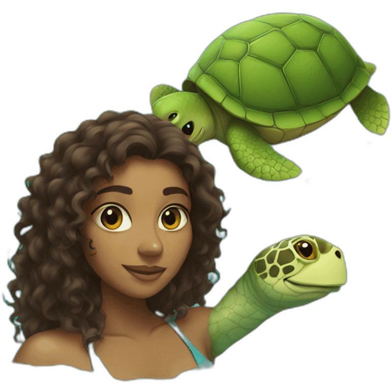 Indian woman with curly hair swimming with a turtle emoji