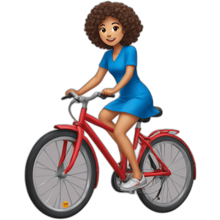 Taiwanese girl with curly hair wearing red dress and keen shoes riding bicycle emoji