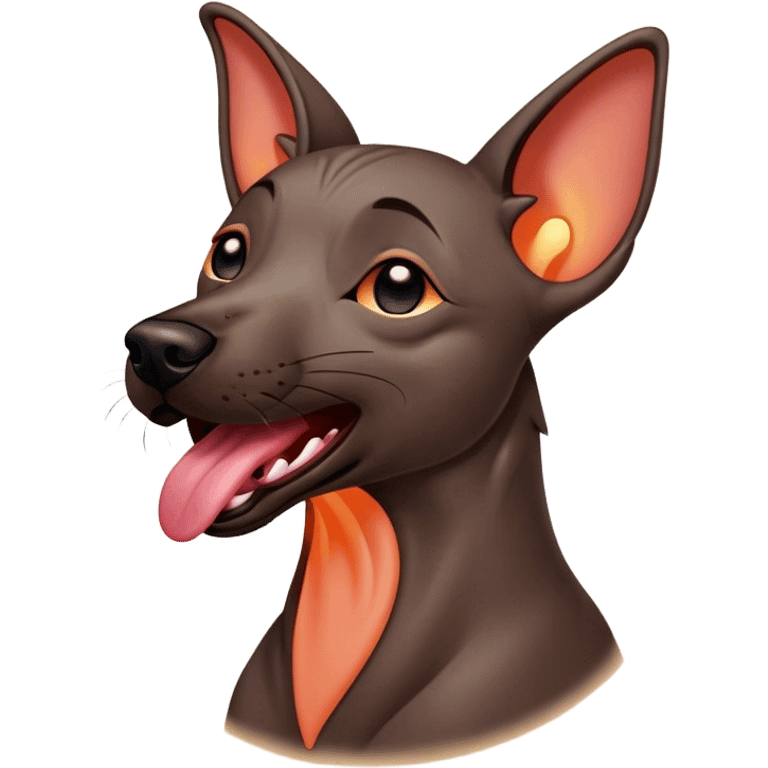 Cinematic Cute Yawning Xoloitzcuintle dog Portrait Emoji, Head tilted slightly with a dramatic, wide-open yawn, showcasing smooth, hairless ebony skin with gently relaxed wrinkles and floppy ears slightly drooping, round dark eyes barely open in drowsy contentment, Simplified yet irresistibly adorable features, highly detailed, glowing with a soft, cozy glow, high shine, relaxed yet expressive, stylized with a touch of whimsy, bright and endearing, soft glowing outline, capturing the essence of a sleepy yet affectionate guardian, so drowsy it feels like it could stretch out of the screen and curl up for a nap! emoji