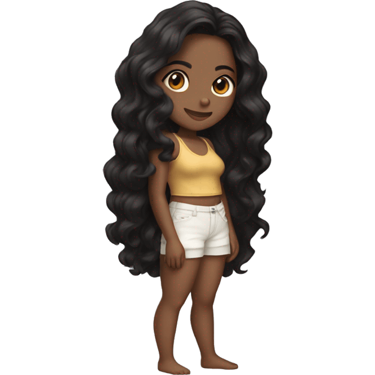 the back side of a brown women, with black hair, wavy long hair, beach outfit emoji