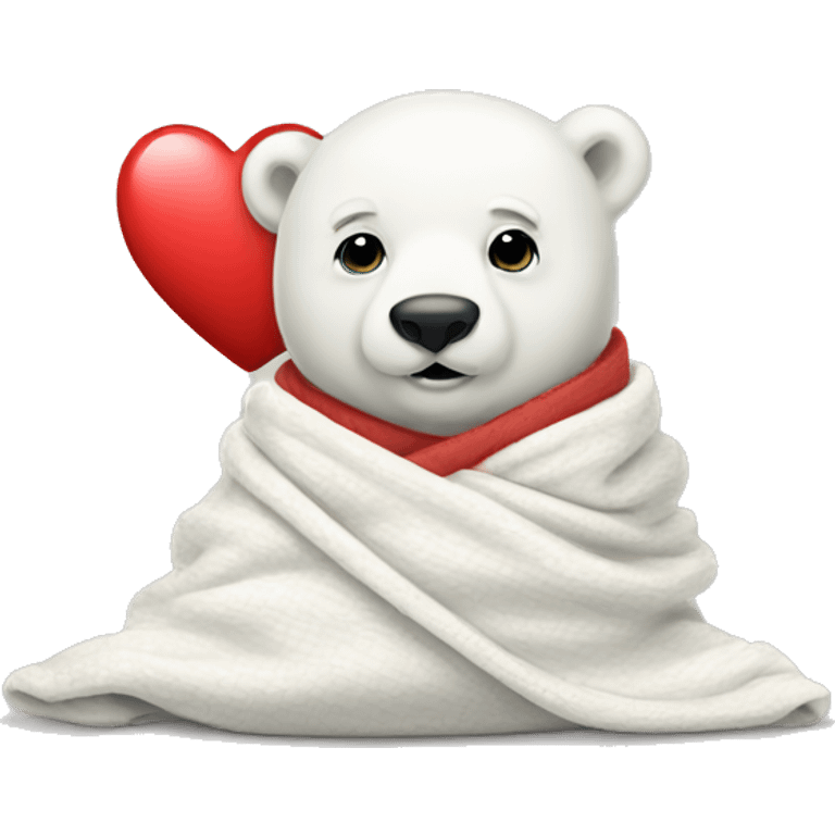 Baby polar bear in a blanket holding a heart emoji