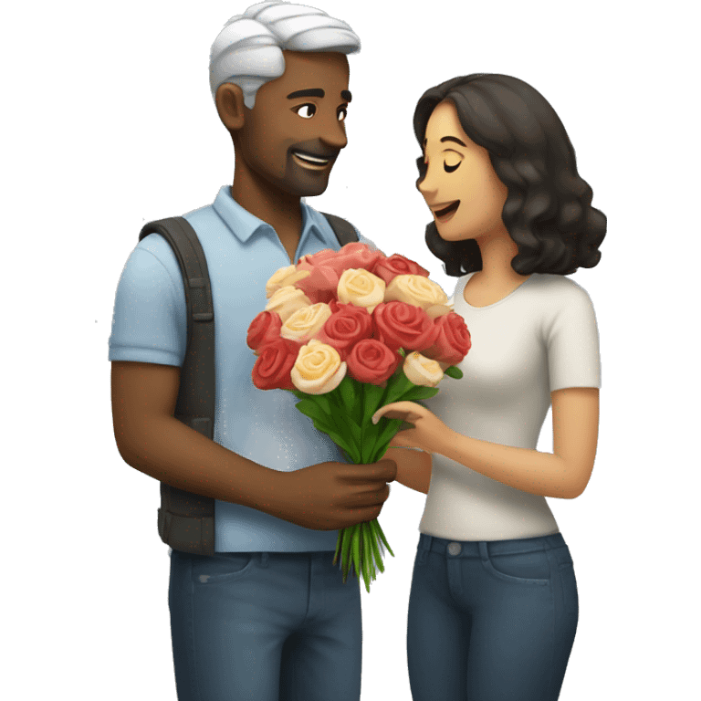 A man giving a woman flowers emoji