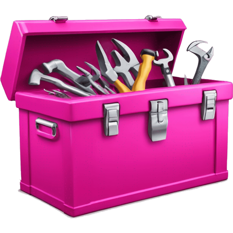 Realistic metallic hot pink tool box with top open and tools inside of it isolated.  emoji