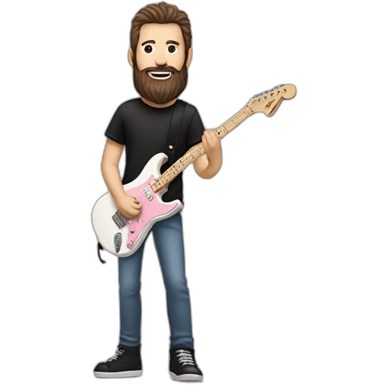 white man with dark beard and black t shirt and pastel pink stratocaster electric guitar emoji