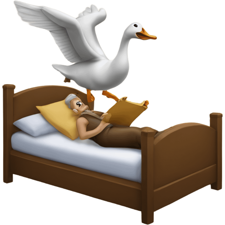 A goose blowing a horn to wake a man in bed up emoji