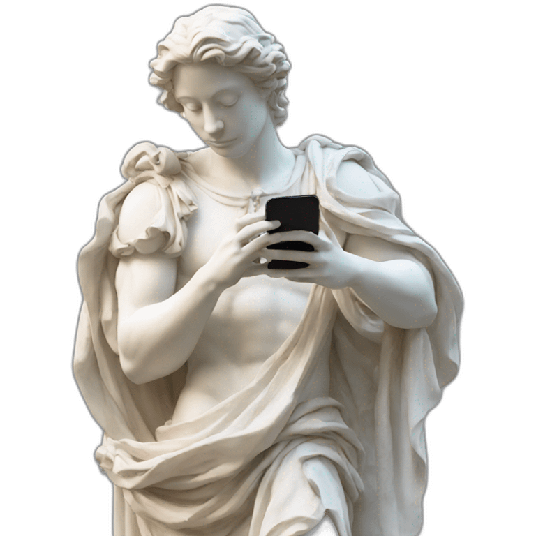 renaissance statue looking at an iphone emoji