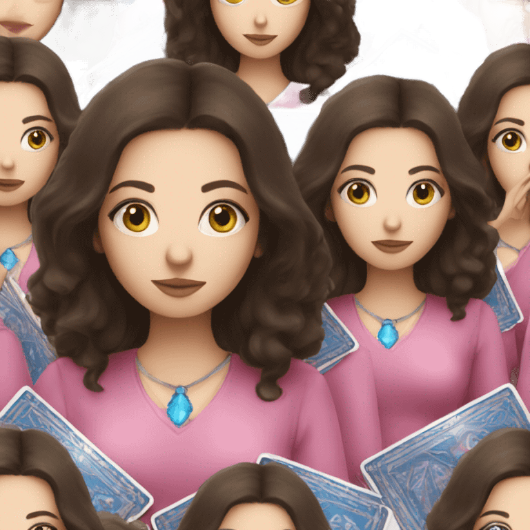 Brunette girl with blue eyes and pink tarot cards emoji