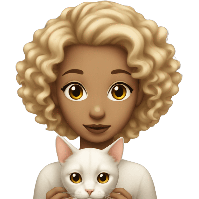 Light skin girl with curls and a white cat emoji