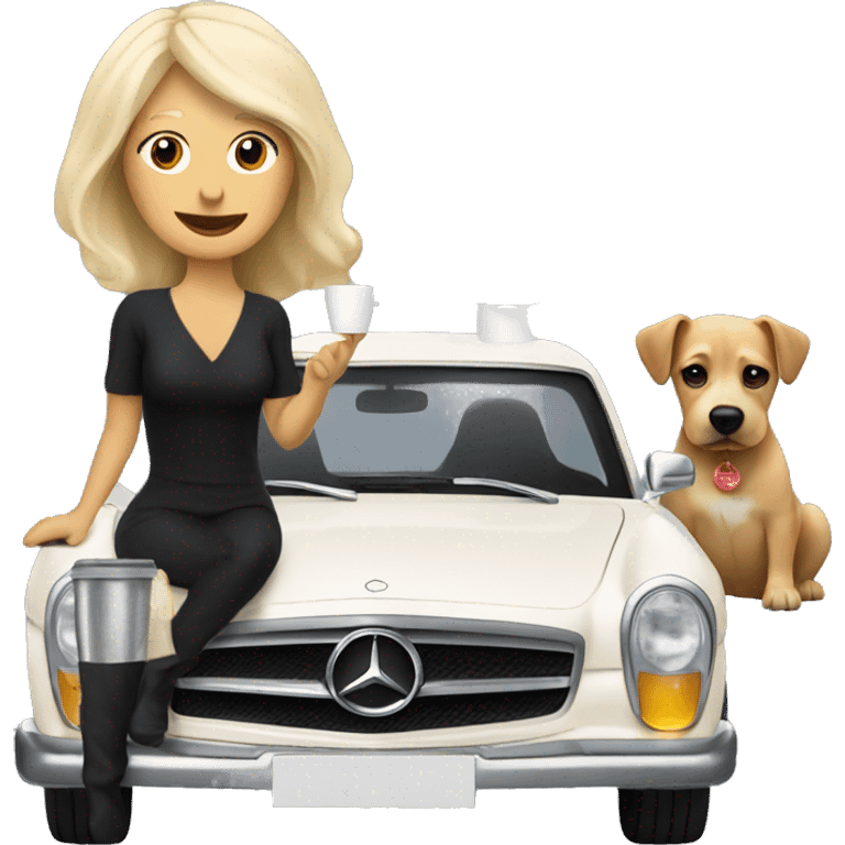 Dog and blonde woman in black Mercedes drinking coffee emoji