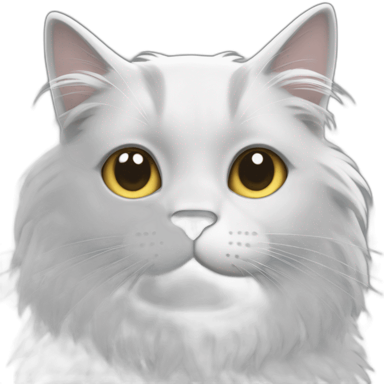 A cat with fluffy White and some Grey hair full in screen emoji