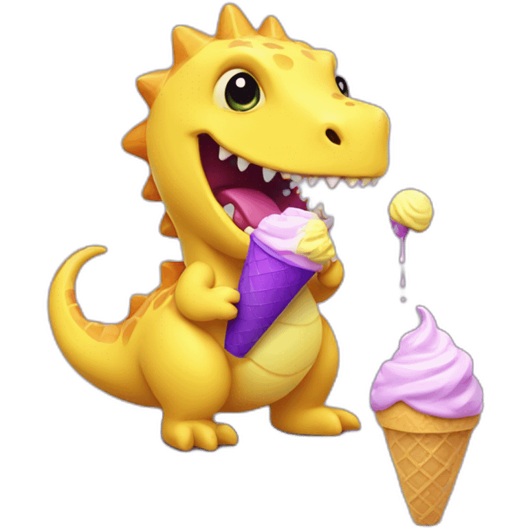 Yellow mini cute dinosaur eating purple ice cream  emoji