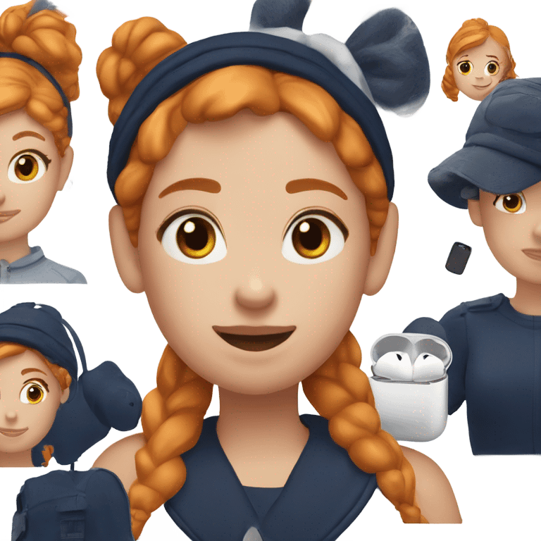 Ginger girl wearing navy blue AirPod max’s emoji