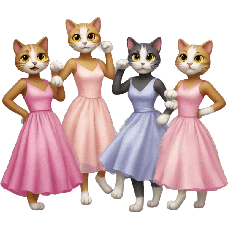 five cats in party dresses dancing emoji