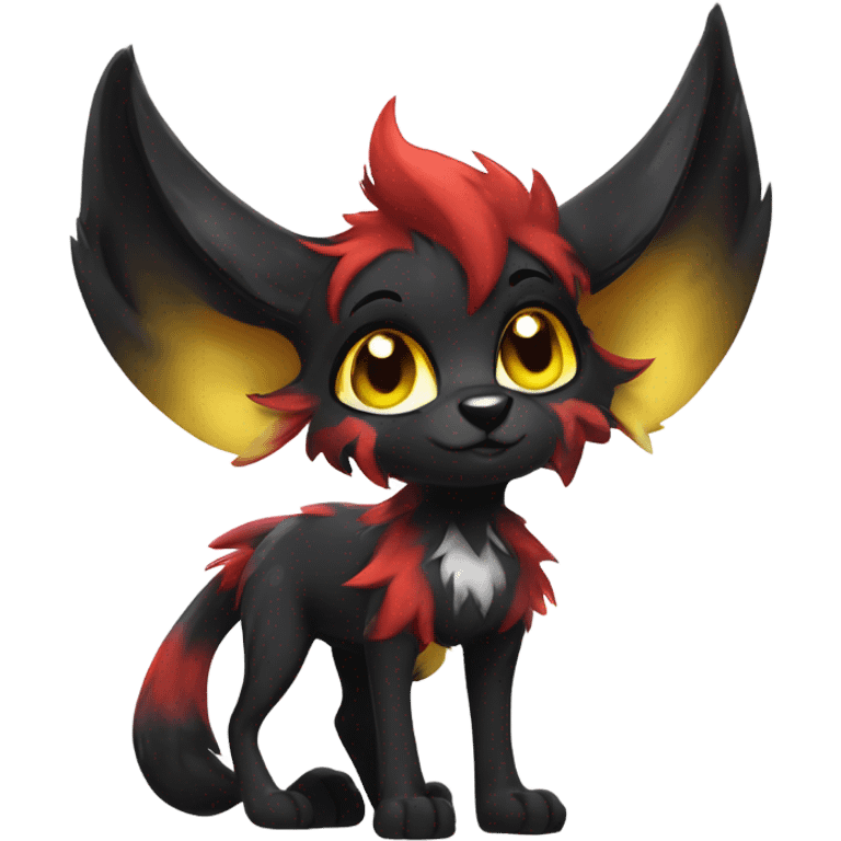 black Shiny Fionbri-Falvie-sparkle-sona with yellow eyes, red edgy markings full body fursona emoji