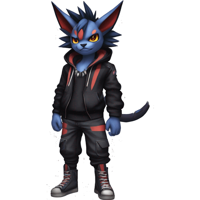 Cool Anthro Black Noivern-Absol-Litten-Pokémon with edgy stripes hoodie spiked collar punk Full Body emoji