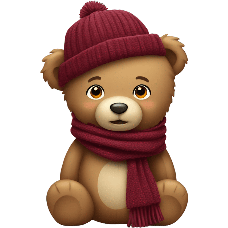 Standing Teddy bear with burgundy winter hat and scarf emoji