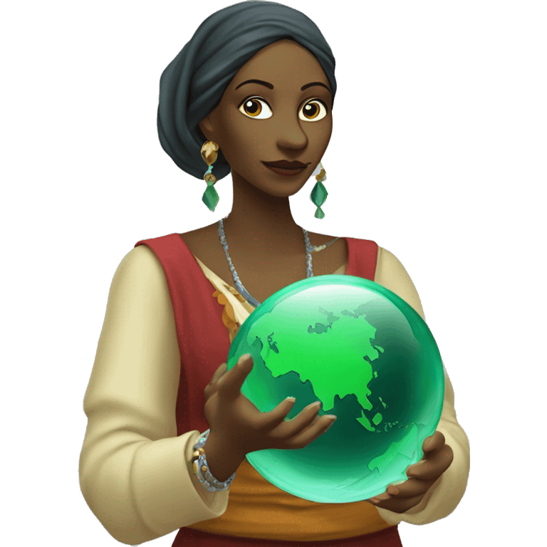 Female gypsy Fortune teller holding a crystal ball with a smaller green earth inside it emoji