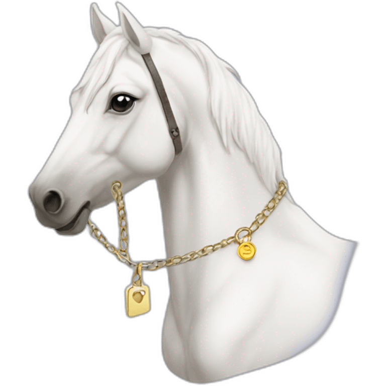 White stallion mustang wearing a key around the neck only necklace no mouth strap showing neck no lock emoji