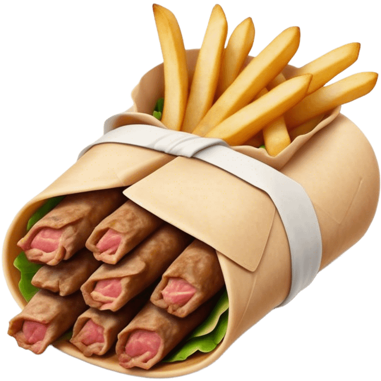 Gyros Cinematic Realistic Gyros Dish Emoji, depicted as succulent, spiced meat wrapped in paper for easy handling, rendered with lifelike textures and dynamic, warm lighting. emoji