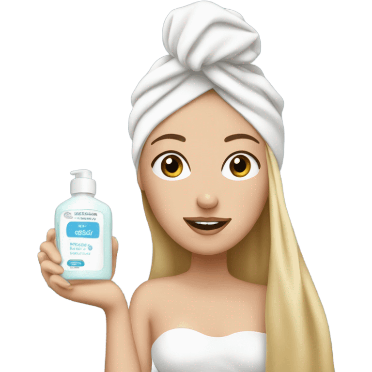 White girl doing her skincare with a wrapped towel emoji