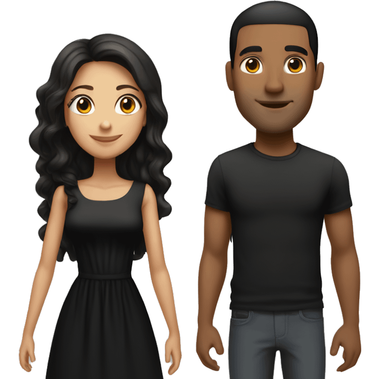 A brunette girl with long hair in a black dress stands next to a tall guy with a short-haired black mulatto emoji