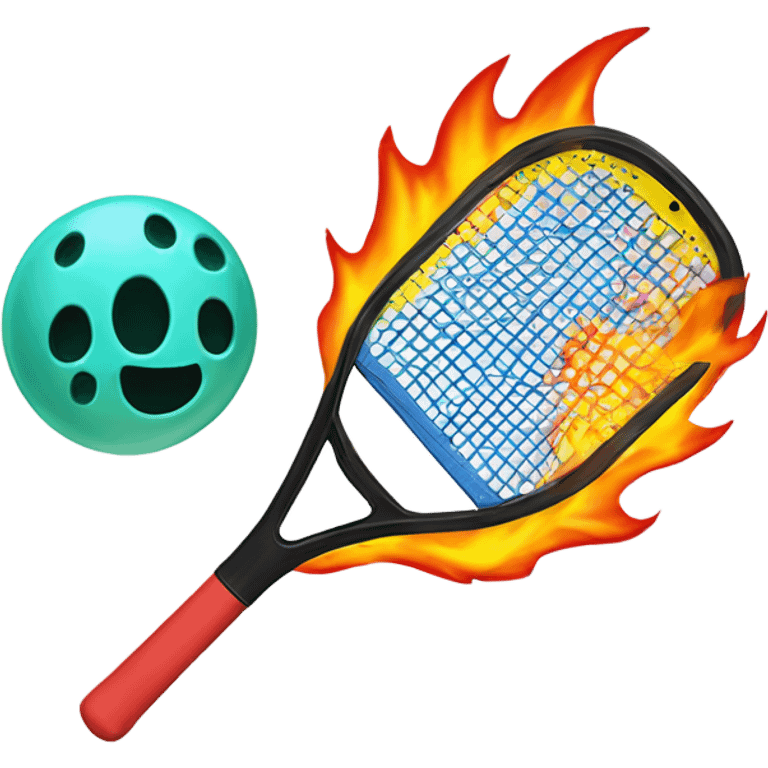 Flames and a Pickleball flying off of a non wood Pickleball paddle with no holes in it emoji